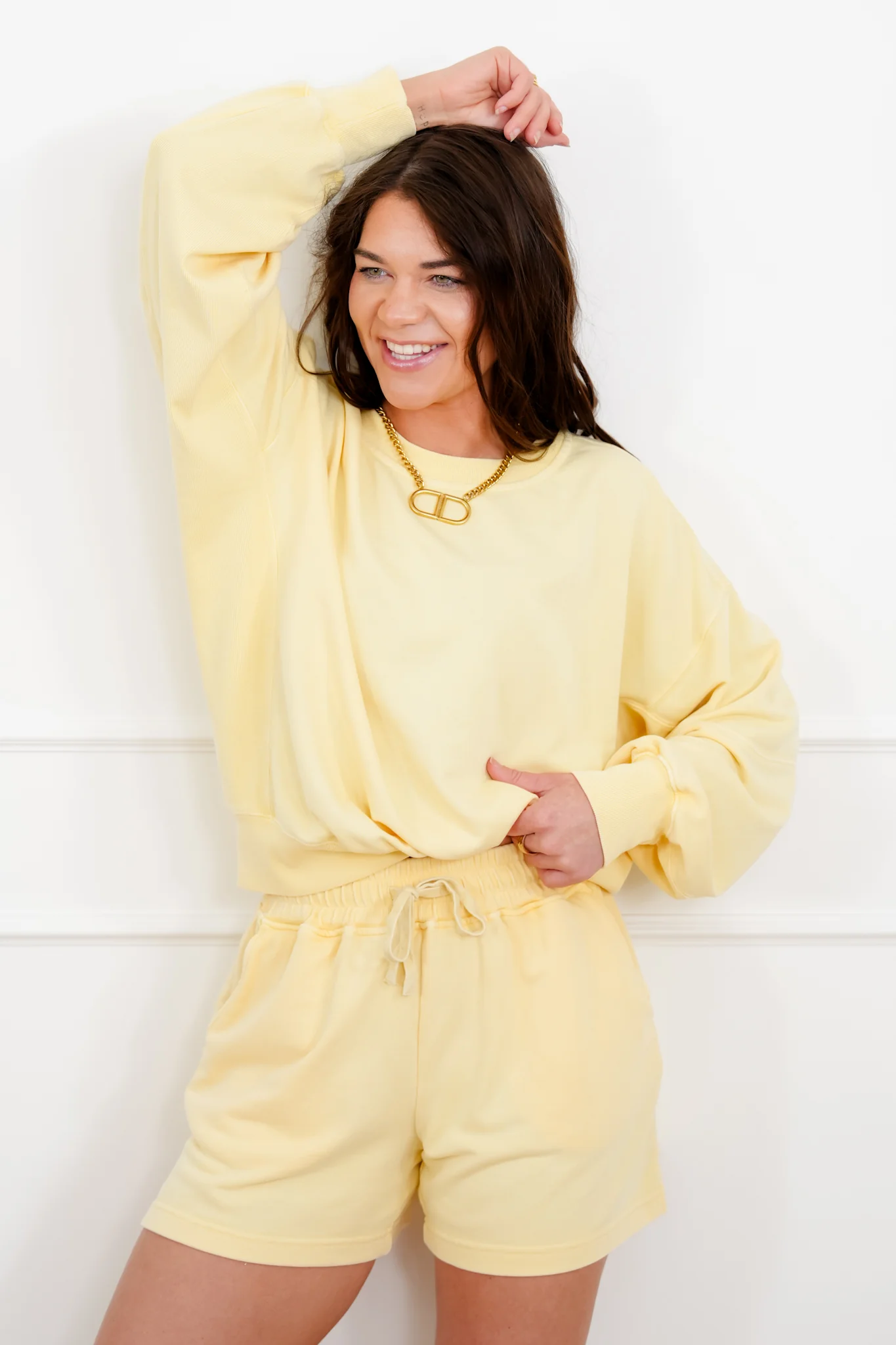 Yellow Long Sleeve Pullover Top and Short Set - Image 2